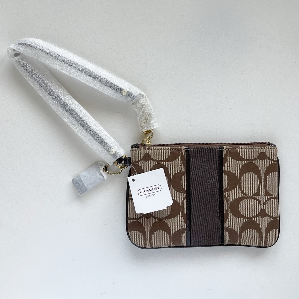 COACH WRISTLET NEW Top Zip F49174 Signature Canvas Brown, Gold & Brown